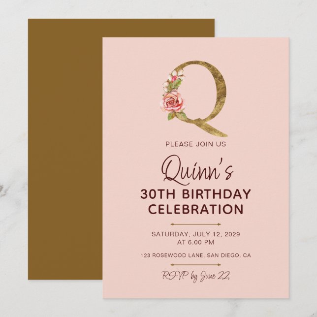 Invitation Lettre Q Monogramme Or Roses Rose Pâle (Devant / Derrière)
