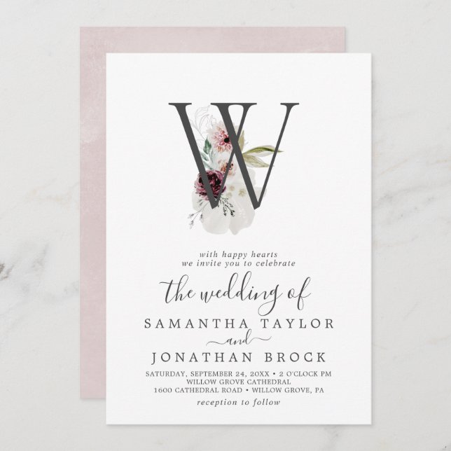 Invitation Lettre romane florale W Blush Monogram Mariage (Devant / Derrière)