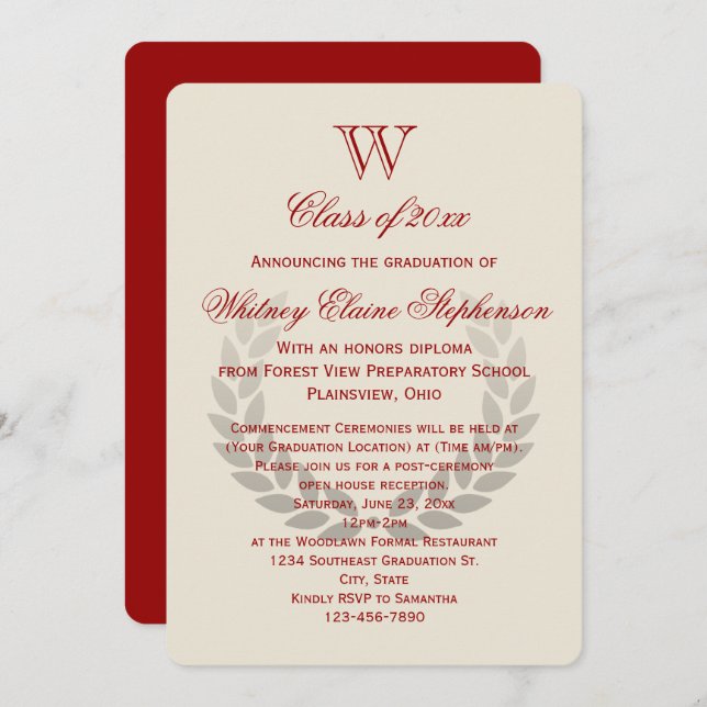 Invitation Lettre rouge Monogram Classic College Graduation (Devant / Derrière)