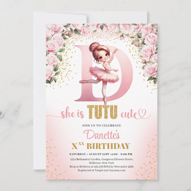 Invitation Lettre tendance D monogramme ballerine fille anniv (Devant)
