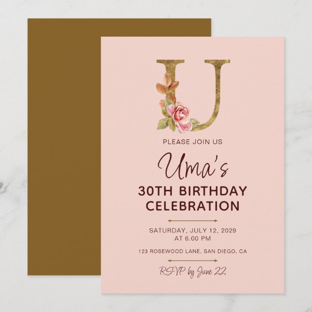 Invitation Lettre U Monogramme Or Roses Rose Pâle (Devant / Derrière)