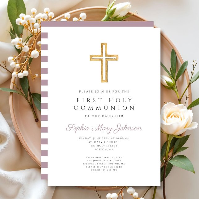 Invitation LETTRE violette moderne Croix Fille première commu (Modern Purple Stripes Cross Girl First Communion Invitation)