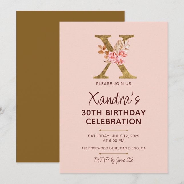 Invitation Lettre X Monogramme Or Roses Rose Blush (Devant / Derrière)
