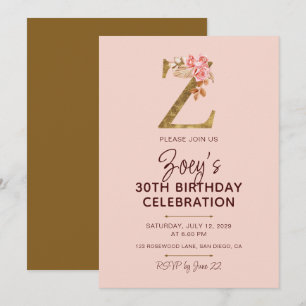 Invitation Lettre Z Monogramme Doré Roses Rose Pâle