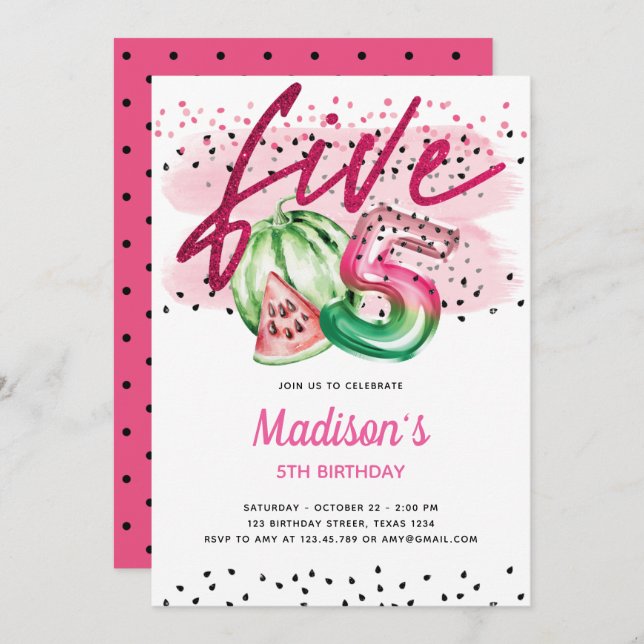 Invitation Lettres à ballons d'été Melon 5e anniversaire (Devant / Derrière)