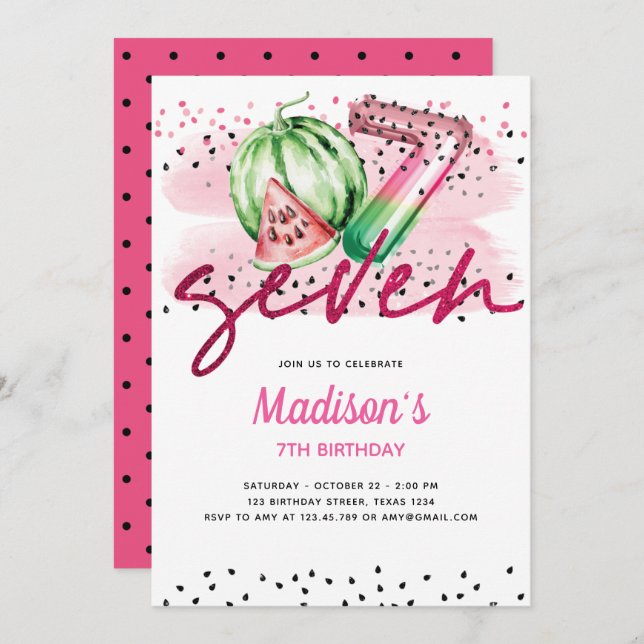Invitation Lettres à ballons d'été Melon 7e anniversaire (Devant / Derrière)