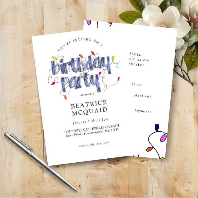 Invitation Lettres à la main Dusty Blue Fun Facts Anniversair (Hand Lettered Fun Facts Dusty Blue Birthday Party Invitation)