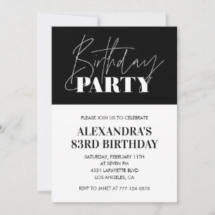 Invitation Lettres Chic Élégant Noir Blanc 83e anniversaire