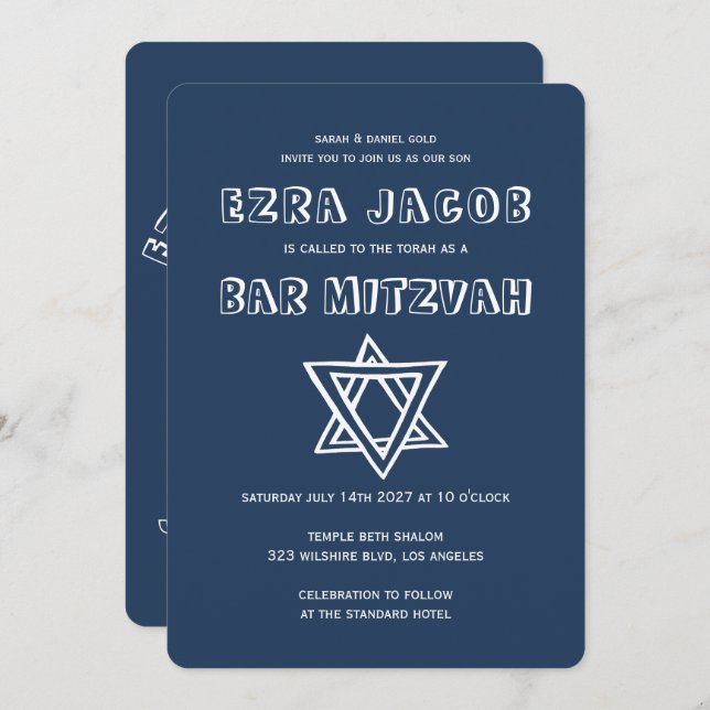 Invitation LETTRES DE DÉTAIL STAR DE DAVID Custom Bar Mitzvah (Devant / Derrière)
