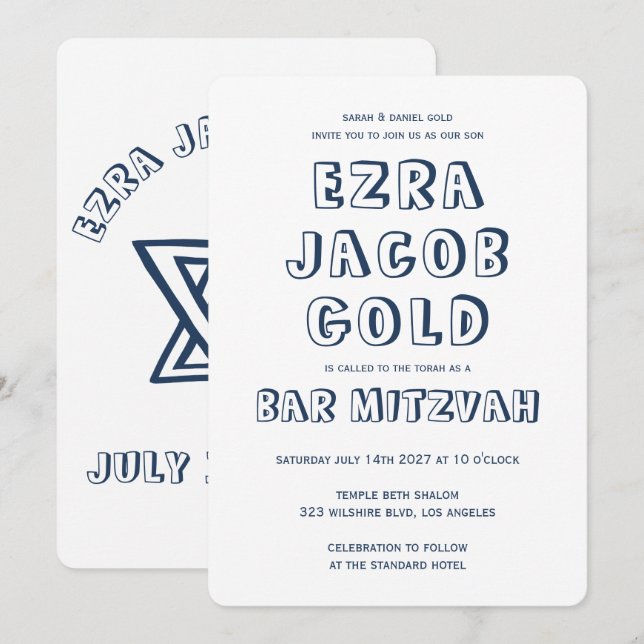 Invitation LETTRES DE DÉTAIL STAR DE DAVID Custom Bar Mitzvah (Devant / Derrière)