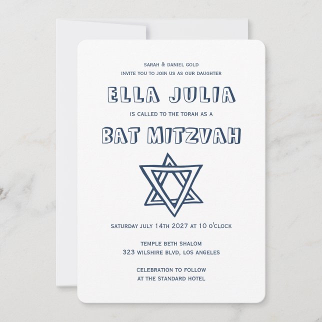 Invitation LETTRES DE DÉTAIL STAR DU Bat mitzvah DAVID Custom (Devant)