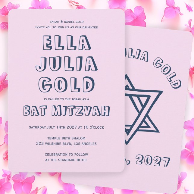 Invitation LETTRES DE DÉTAIL STAR DU Bat mitzvah DAVID Custom (OUTLINE LETTERS STAR OF DAVID Custom Pink Bat Mitzvah Invitation
)