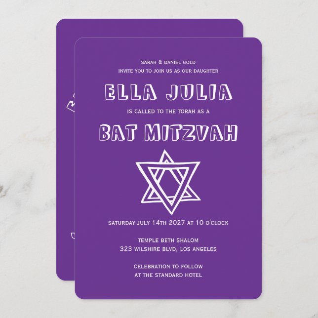 Invitation LETTRES DE DÉTAIL STAR DU Bat mitzvah DAVID Custom (Devant / Derrière)