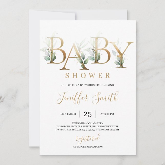 Invitation Lettres de feuille d'or moderne baby shower feuill (Devant)
