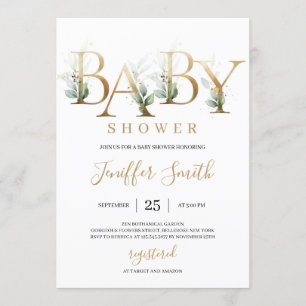 Invitation Lettres de feuille d'or moderne baby shower feuill