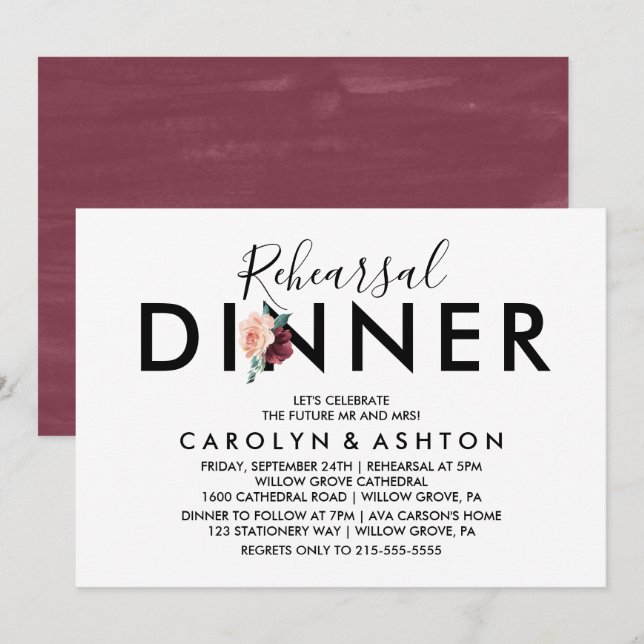 Invitation Lettres de fleurs | Dîner de répétition de marron (Devant / Derrière)