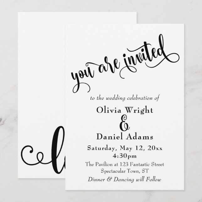 Invitation Lettres de script fantaisie Mariage noir et blanc (Devant / Derrière)