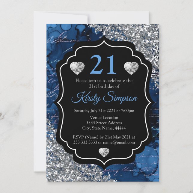 Invitation Lettres d'écriture Mermaid bleue Paillettes argent (Devant)