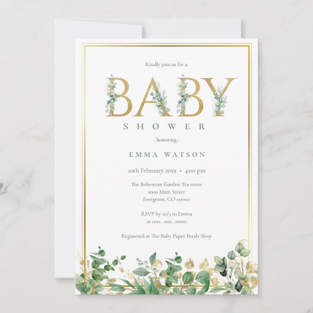 Invitation Lettres d'or Eucalyptus rustique cadre Baby shower (Devant)