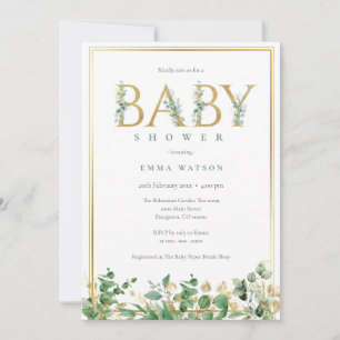 Invitation Lettres d'or Eucalyptus rustique cadre Baby shower