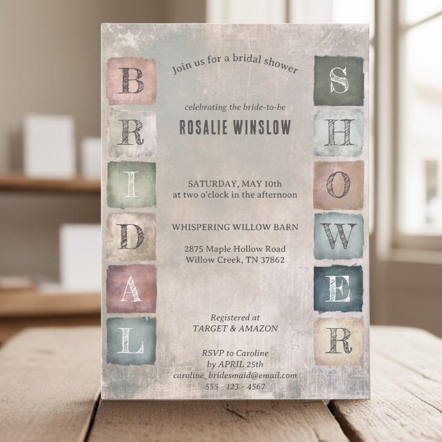 Invitation lettres en bloc rustique couleur terre douche nupt (Créateur téléchargé)