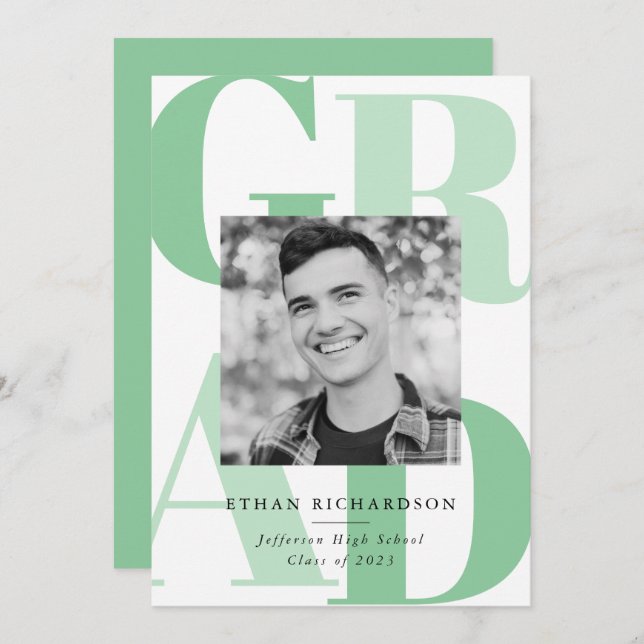 Invitation Lettres en gras vert | Photo Graduation Party (Devant / Derrière)