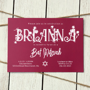 Invitation Lettres florales Bat mitzvah rose botanique
