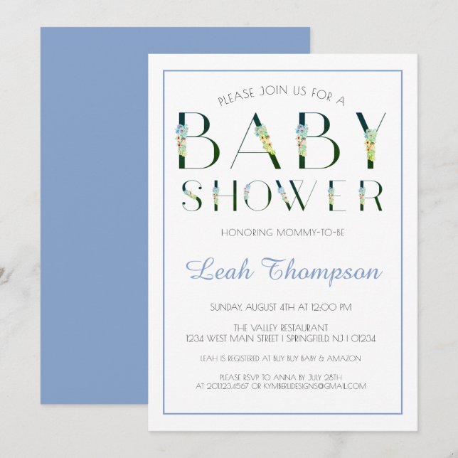 Invitation Lettres florales bleues gras bébé garçon douche (Devant / Derrière)