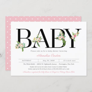 Invitation Lettres florales Pastel Baby shower rose fille
