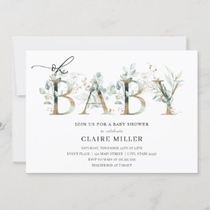 Invitation Lettres vertes et or Oh Baby shower