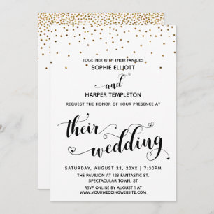 Invitation Leur calligraphie Mariage avec Coeurs, Gold Confet