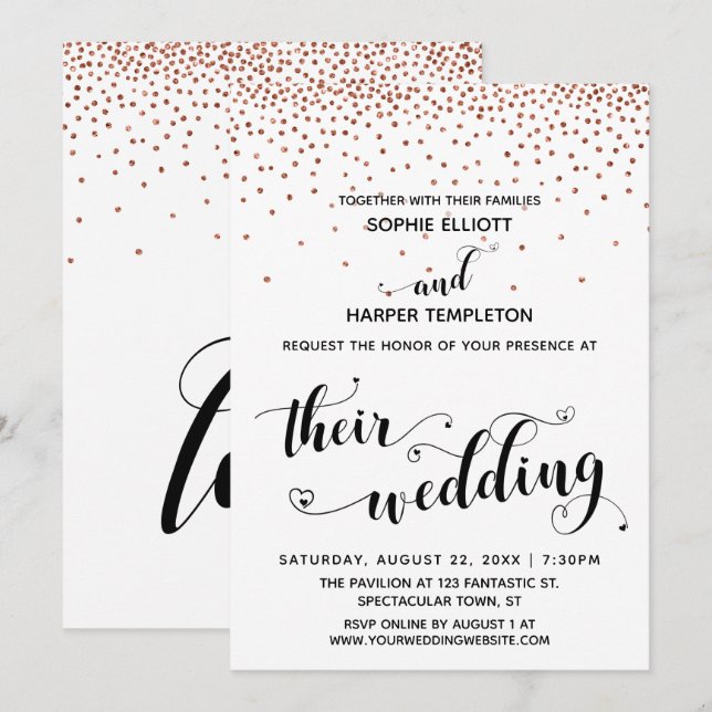 Invitation Leurs cœurs de mariage Script Confettis faux-cuivr (Devant / Derrière)