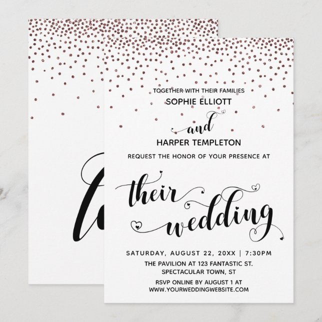Invitation Leurs cœurs de mariage Script Confettis Rose Gold (Devant / Derrière)