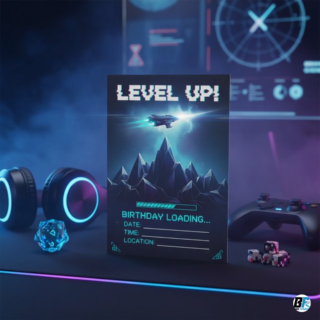 Invitation Level Up Gamer Space Sci-Fi Glitch Birthday (GAMING BIRTHDAY CARD)