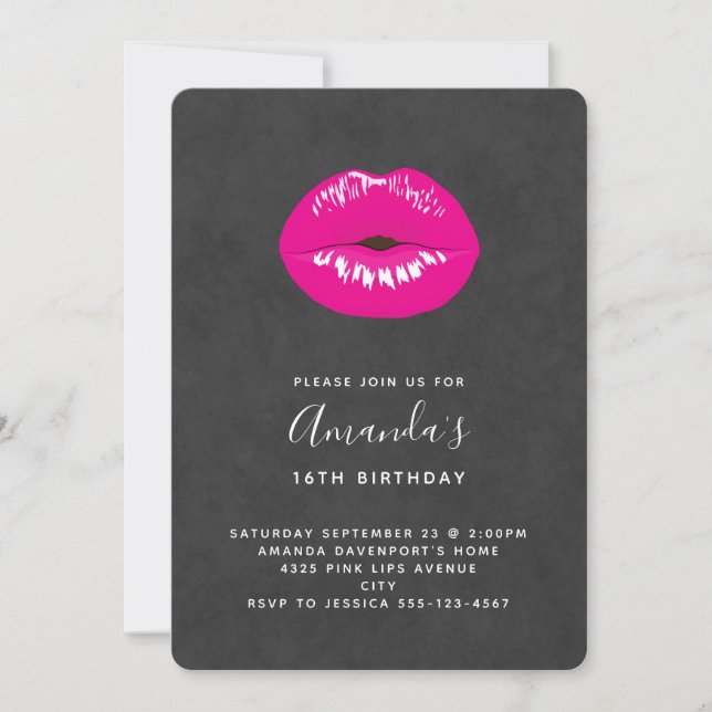 Invitation Lèvres Rose Chaud Illustration Glamour Anniversair (Devant)
