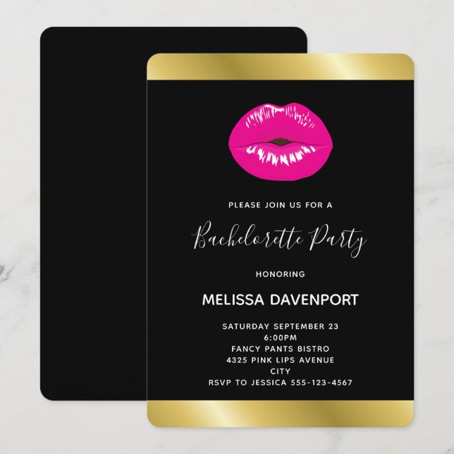 Invitation Lèvres Rose Chaud Illustration Glamour Enterrement (Devant / Derrière)