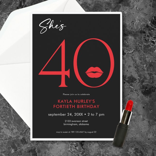 Invitation Lèvres rouges minimales modernes Elle a quarante a (Modern Minimal Red Lips She's Forty Birthday Invitation)