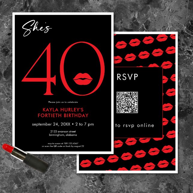 Invitation Lèvres rouges minimales modernes Elle a quarante a (Modern Minimal Red Lips She's Forty Birthday QR Invitation)