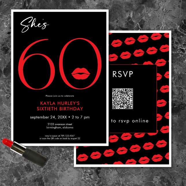 Invitation Lèvres rouges minimales modernes Elle a soixante a (Modern Minimal Red Lips She's Sixty Birthday QR Invitation)