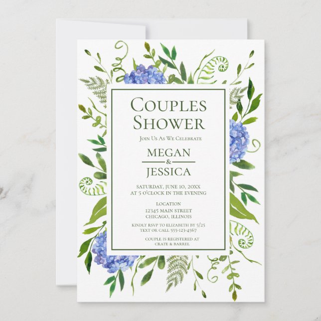 Invitation LGBTQ Blue Hydrangeas Floral Couples Douche (Devant)