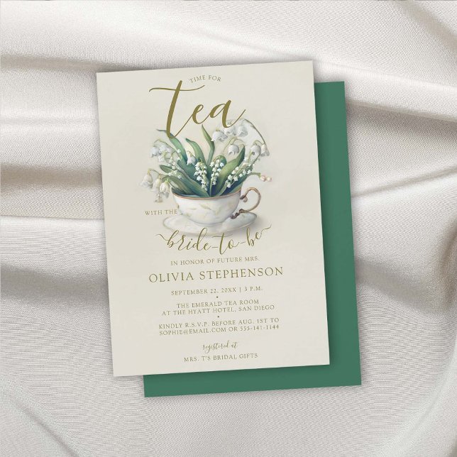 Invitation L'heure du thé Emerald Lily Valley Fête des mariée (bridal tea shower invitation emerald gold lily valley elegant modern classic romantic feminine chic)