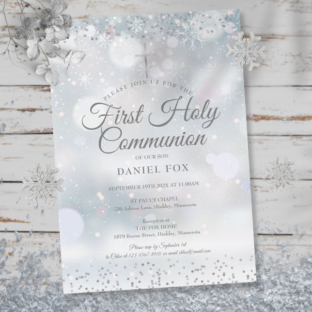 Invitation L'hiver Première Sainte Communion Argent Confetti (Créateur téléchargé)