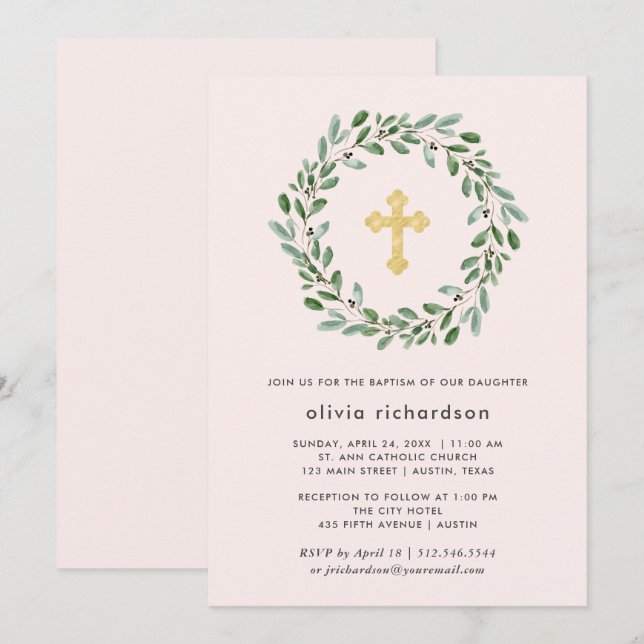 Invitation Liage minimal | Baptême rose avec Croix d'or (Devant / Derrière)