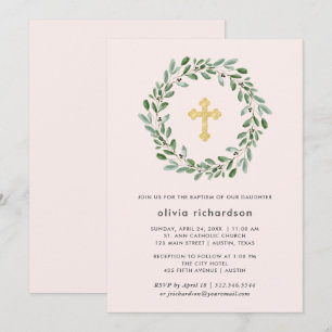 Invitation Liage minimal   Baptême rose avec Croix d'or