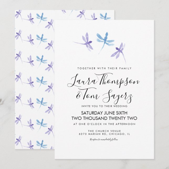 Invitation Libellule aquarelle écriture élégante mariage  (Devant / Derrière)