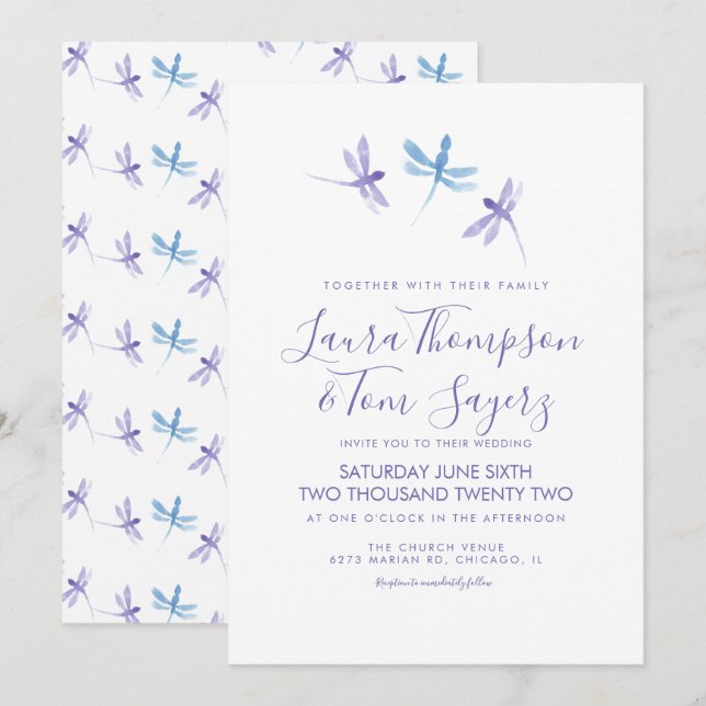 Invitation Libellule aquarelle écriture élégante mariage  (Devant / Derrière)