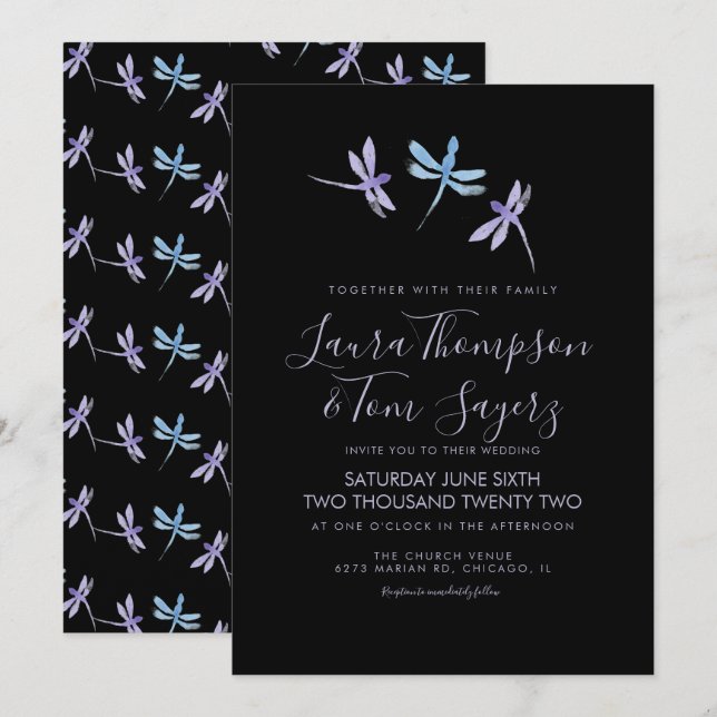 Invitation Libellule Aquarelle Écriture Élégante Mariage Noir (Devant / Derrière)