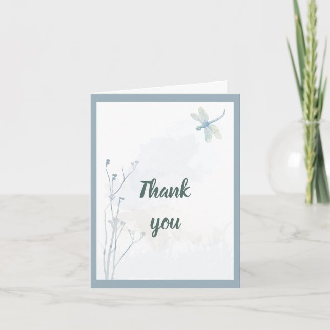 Invitation Libellule Bleu Ardoise Simple Verdure Merci (Devant)