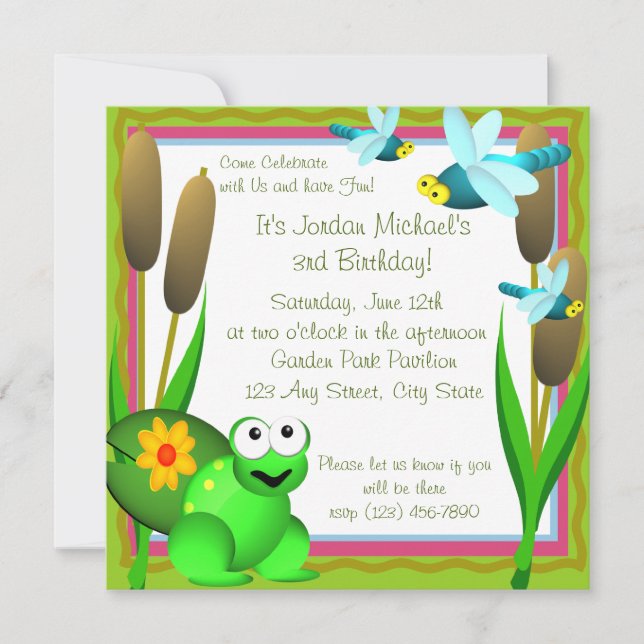 Invitation libellule et grenouille/ Anniversaire (Devant)
