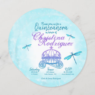 Invitation libellules turquoise, Quinceañera violette